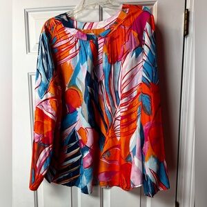 NIC+ZOE Vibrant Abstract Leaf Print Blouse in Red, Blue, Pink